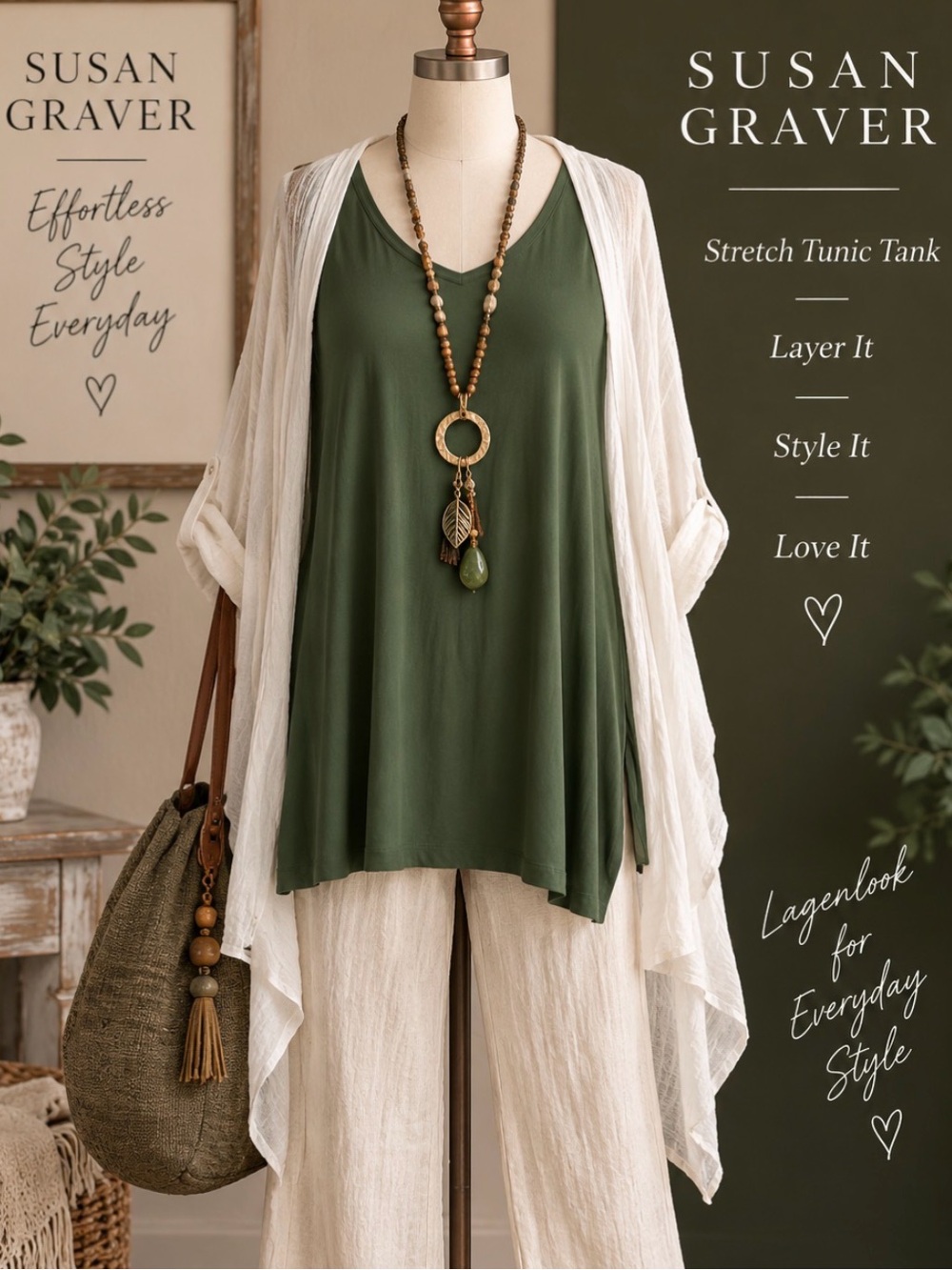 Susan Graver -Olive Green -Tunic length - V-Neck Stretchy -Rayon Tank Top